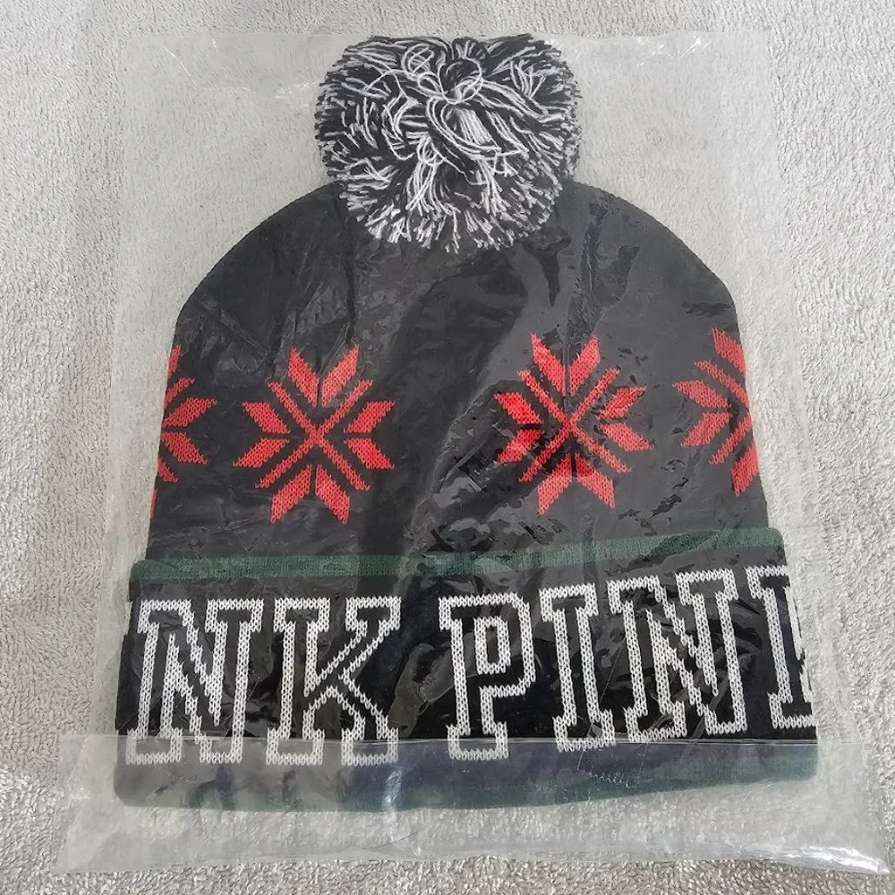 Victoria's Secret PINK Snowflake Beanie Winter Hat w Pom Pom Black Red Green New - Picture 5 of 5